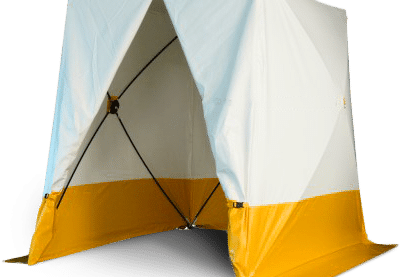 Easy to fit work tent that measures 210x210 cm. White and yellow